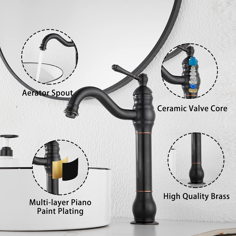 GGStudy Black Bathroom Faucet GGStudy 360Â° Swivel Single-Handle One Hole Bathroom Vessel Sink Faucet Matching Pop Up Drain - Image 5